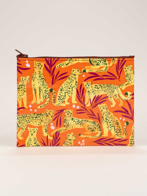 The Blue Q Cheetah Zipper Pouch features a vibrant orange background with playful yellow cheetahs, pink leaves, and pink dots—perfect for storing cat treats or small essentials.