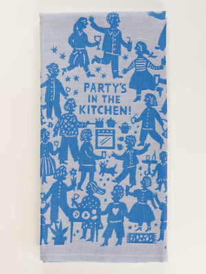 The Blue Q Party's In The Kitchen Dish Towel features blue and white illustrations of people celebrating and “PARTY'S IN THE KITCHEN!” in the center—an ideal festive touch for your next gathering.