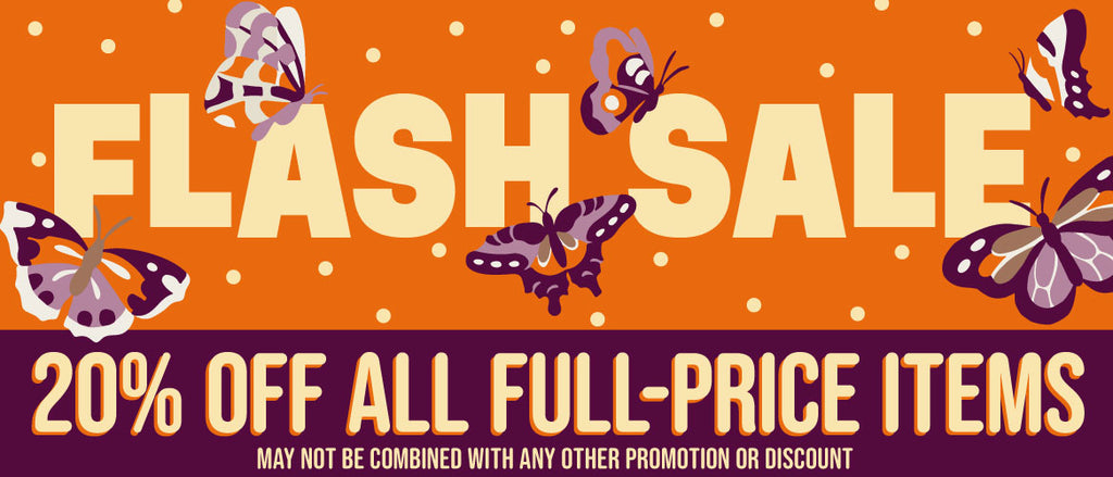 Flash sale banner with butterflies and promotional text on an orange and purple background. 20% off full price items.