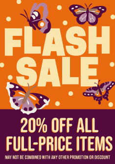 Flash sale poster with butterflies on an orange and purple background. 20% off full price items.
