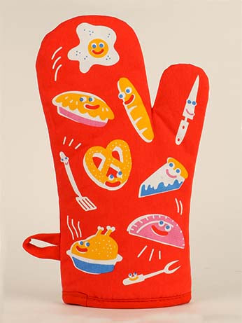The Blue Q Smells Like Happy Oven Mitt features colorful cartoon food characters—egg, pie, chicken, bread, pretzel, cake—plus utensils on a bright red background, sure to spark joy and positivity in your kitchen.