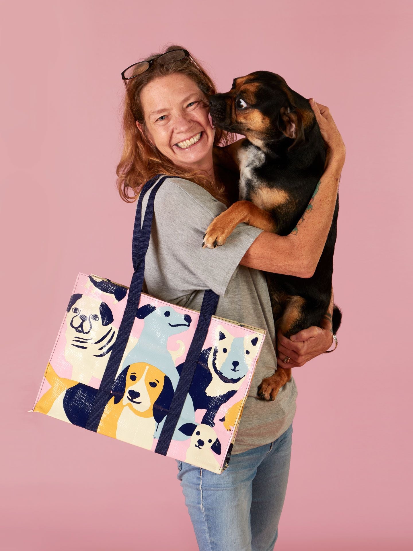 Happy Dogs Shoulder Tote Blue Q