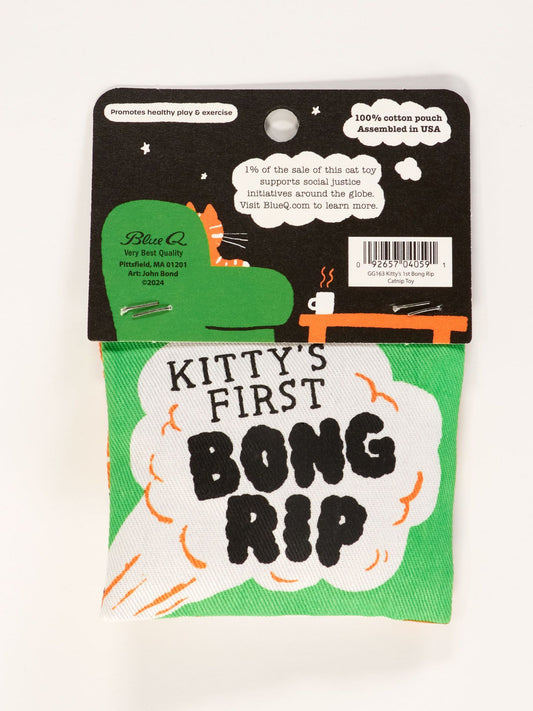 The Kitty's First Bong Rip Catnip Toy by Blue Q is a small green and white cotton pouch with playful cat art, bold text on the front, product info on the back, and filled with organic catnip for healthy play.