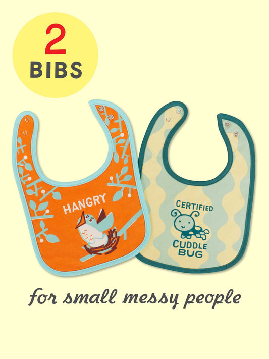 Blue Q’s Hangry/Certified Cuddle Bug Baby Bibs: two soft terry cotton bibs—one orange with a bird and "HANGRY," one blue with a bug and "CERTIFIED CUDDLE BUG"—designed for small messy people.