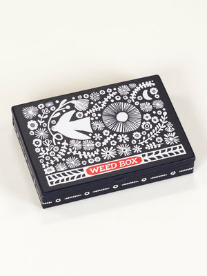The Weed Box Pocket Box by Blue Q is a black storage box featuring white floral and bird designs, with "WEED BOX" in bold red and white on the front—perfect for organizing pre-rolls. Displayed against a light background.