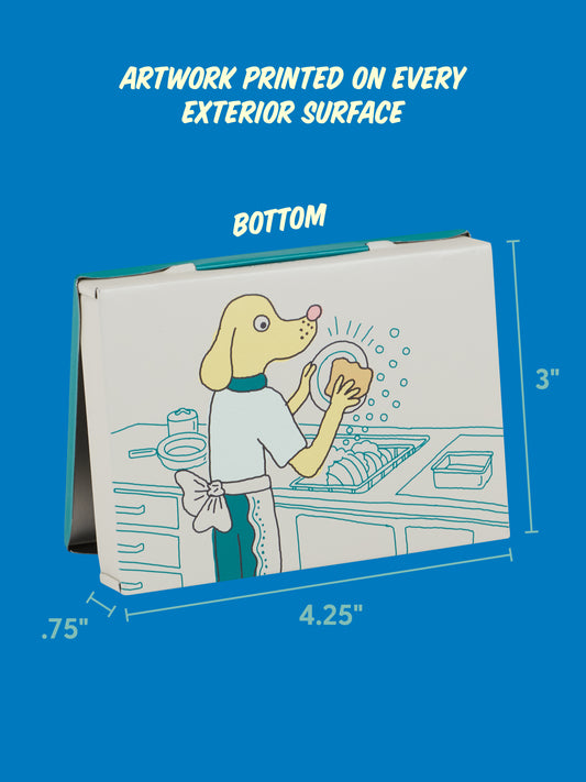 The Very Very Very Very Good Doggy Pocket Box by Blue Q (3 x 4.25 x 0.75) features a dog in an apron washing dishes, ARTWORK PRINTED ON EVERY EXTERIOR SURFACE, with this side labeled BOTTOM—a charming gift for dog lovers.