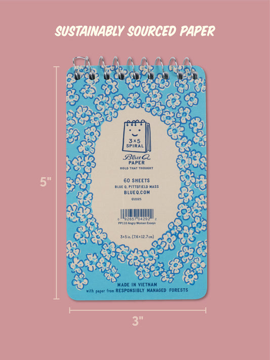 The Angry Woman Essays 3x5 Spiral Notebook by Blue Q features a small blue floral design, 60 sustainably sourced sheets, and a quirky label—making it the perfect funny women’s gift or novelty sign for serious note-takers with sarcasm.