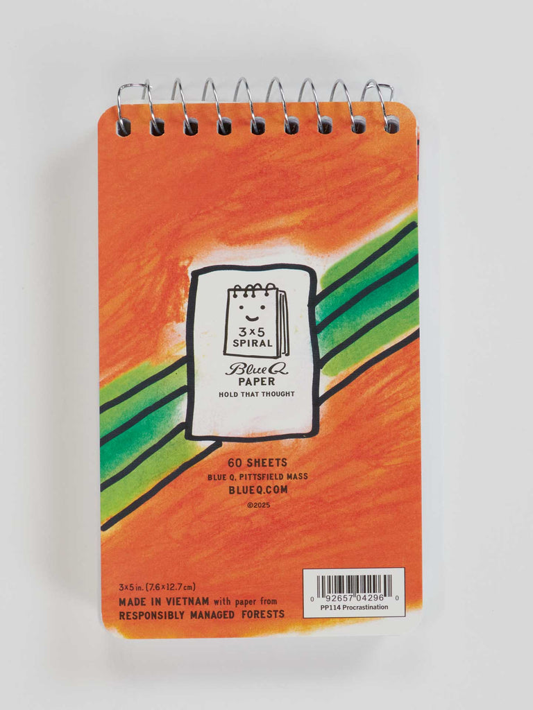 The Blue Q "The Art Of Procrastination. Have You Seen My Pencil? No, My Good Pencil" 3x5 spiral notebook features a vibrant orange cover with green and black stripes—perfect for mastering the art of note-taking on the go.