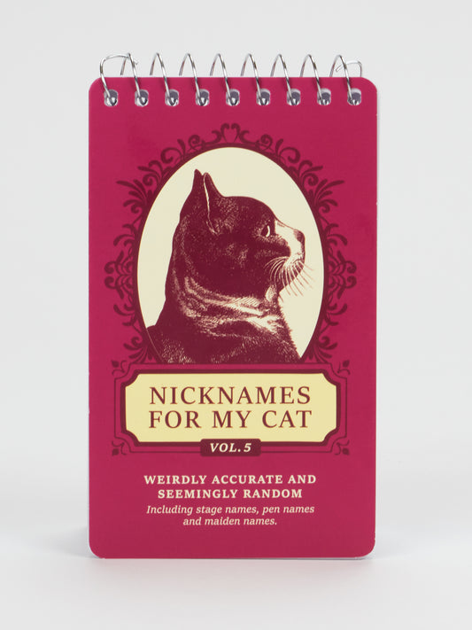 Add a whimsical touch to your notes with the Blue Q Nicknames For My Cat Vol. 5 3x5 Spiral Notebook—a red pocket notebook featuring a quirky cat illustration and the phrase “Weirdly Accurate and Seemingly Random” on the cover, perfect for jotting down all your feline-inspired ideas.