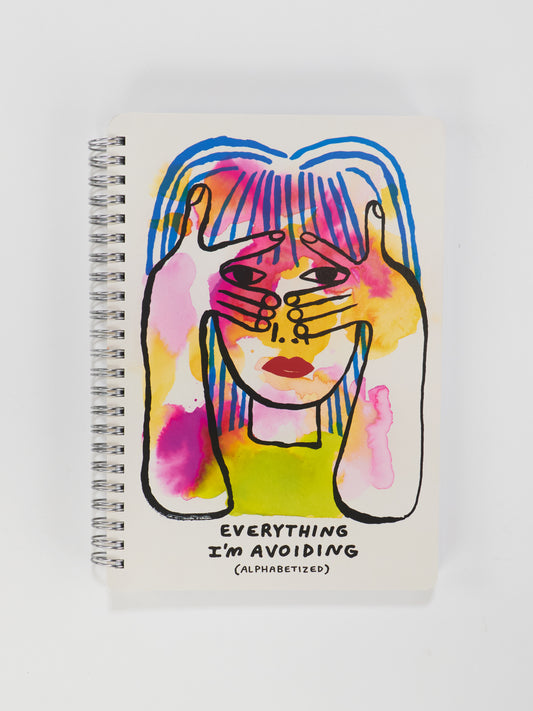 The Blue Q Everything I'm Avoiding (Alphabetized) 6x8 Spiral Notebook features a spiral binding, colorful abstract art of a person covering their face, and the text: EVERYTHING IM AVOIDING (ALPHABETIZED)—fun for playful organization.