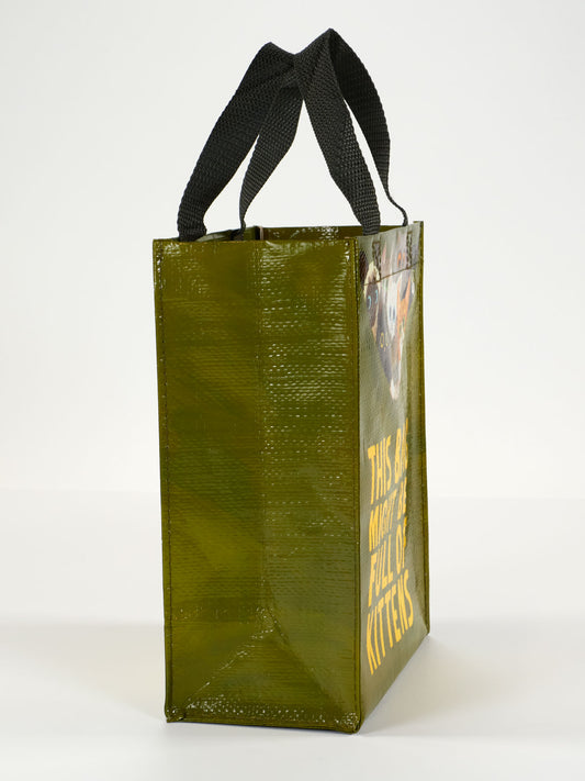 The Blue Q "This Bag Might Be Full Of Kittens Handy Tote" is a green reusable bag with black handles and a yellow playful message on the side—perfect for adding fun to every shopping trip.