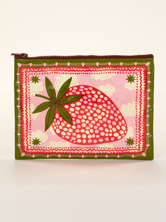 The Blue Q Strawberry Clouds Zipper Pouch features a large, stylized strawberry with green leaves on a pink, cloud-patterned background and decorative borders.
