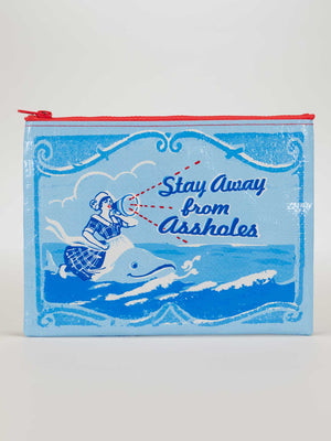 The Blue Q Stay Away From Assholes Zipper Pouch is a blue and white recycled pouch with a red zipper, featuring vintage art of a woman riding a dolphin and a bold “Stay Away from Assholes” message.