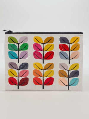 The Blue Q Sprout Zipper Pouch is a rectangular bag made from recycled material, featuring rows of stylized trees with four vibrant, colorful leaves on a light background—perfect as a lively and eco-friendly accessory.