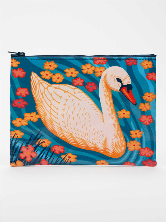 The Swan Zipper Pouch by Blue Q showcases elegant long-necked swans amidst orange and pink flowers on a blue patterned background, thoughtfully crafted from recycled materials.