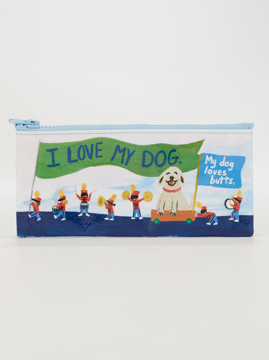 The Blue Q "I Love My Dog. My Dog Loves Butts." pencil case is a compact, eco-friendly pouch for dog owners, featuring a playful dog design—ideal for daily walks.