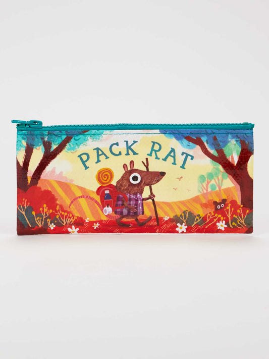 Introducing the Blue Q Pack Rack Pencil Case—an eco-friendly pencil case crafted from recycled materials, showcasing a vibrant outdoor scene with trees and flowers. The design features a cheerful cartoon rat carrying a backpack and hiking stick beneath the playful "PACK RAT" text, blending practicality with charming style.
