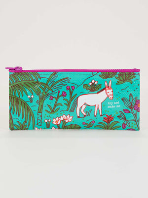 The Blue Q Try And Make Me Pencil Case is a colorful, eco-friendly pouch with a pink zipper. It features a white donkey among green plants on teal, with "try and make me" text. Made from post-consumer recycled material.