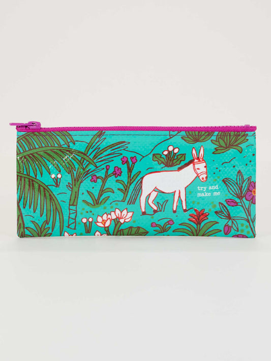 The Blue Q Try And Make Me Pencil Case is a colorful, eco-friendly pouch with a pink zipper. It features a white donkey among green plants on teal, with "try and make me" text. Made from post-consumer recycled material.