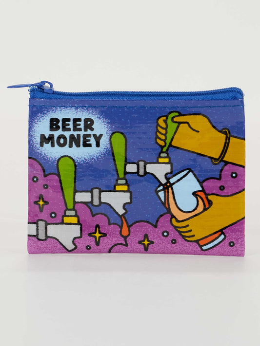 The Beer Money (Taps) Coin Purse by Blue Q is a small zippered pouch made from recycled materials, showcasing vibrant art of hands pouring beer with pink foam and bold "BEER MONEY" text.
