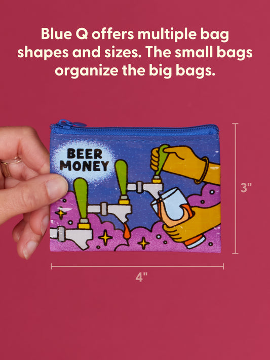 A hand holds Blue Q’s “Beer Money (Taps) Coin Purse”—a 3x4 inch blue zippered pouch made from recycled material, featuring cartoon hands pouring beer. This fun, affordable pouch is perfect for organizing essentials.