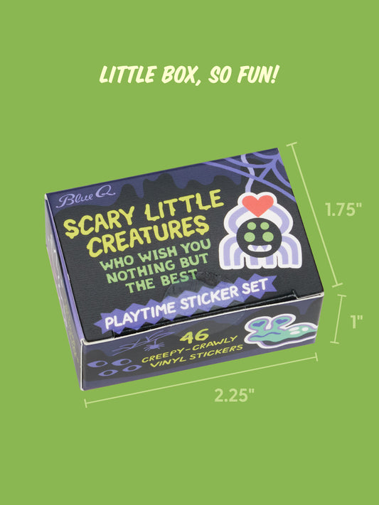 A small rectangular box of 46 Scary Little Creatures Who Wish You Nothing But The Best Playtime Sticker Set vinyl stickers, measuring 2.25 inches wide, 1 inch deep, and 1.75 inches tall.
