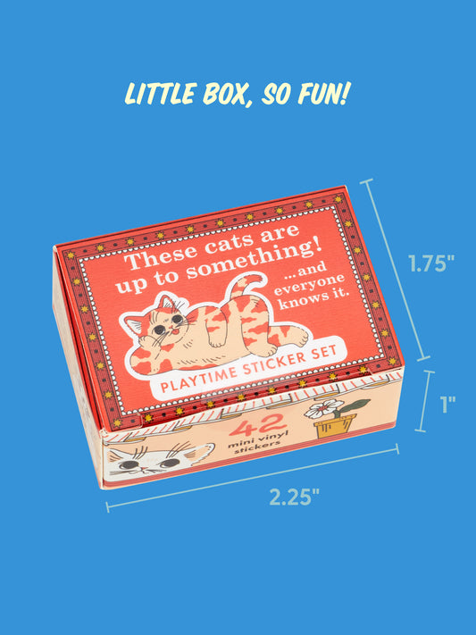 Small rectangular box of 42 These Cats Are Up To Something! Playtime Sticker Set mini vinyl stickers featuring adorable faces and floral patterns, measuring 2.25 inches wide, 1.75 inches high, and 1 inch deep.