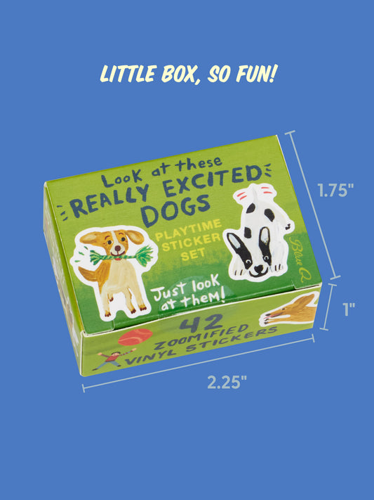 A rectangular box of 42 zoomified vinyl stickers from the Look At These Really Excited Dogs Playtime Sticker Set, featuring illustrations of excited dogs that look like plush toys.