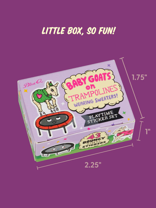 Blue Q Baby Goats On Trampolines Wearing Sweaters Playtime Sticker Set containing 43 stickers of baby goats in sweaters performing backflips on trampolines, measuring 2.25 inches wide, 1.75 inches high, and 1 inch deep.