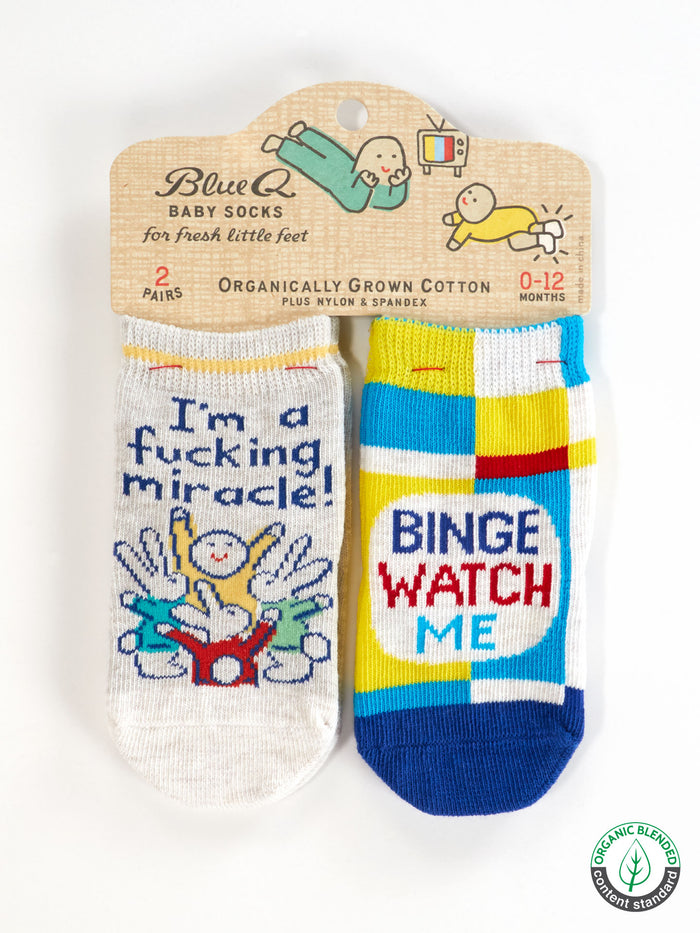 blue q I'm A Fucking Miracle / Binge Watch Me Baby Socks