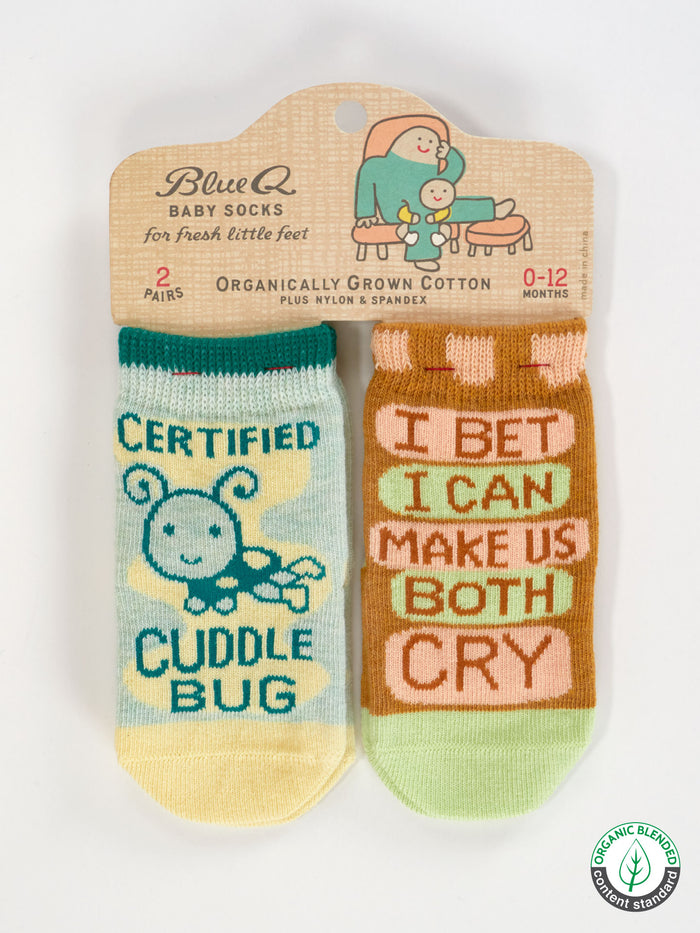 blue q Certified Cuddle Bug/I Bet I Can Make Us Both Cry Baby Socks