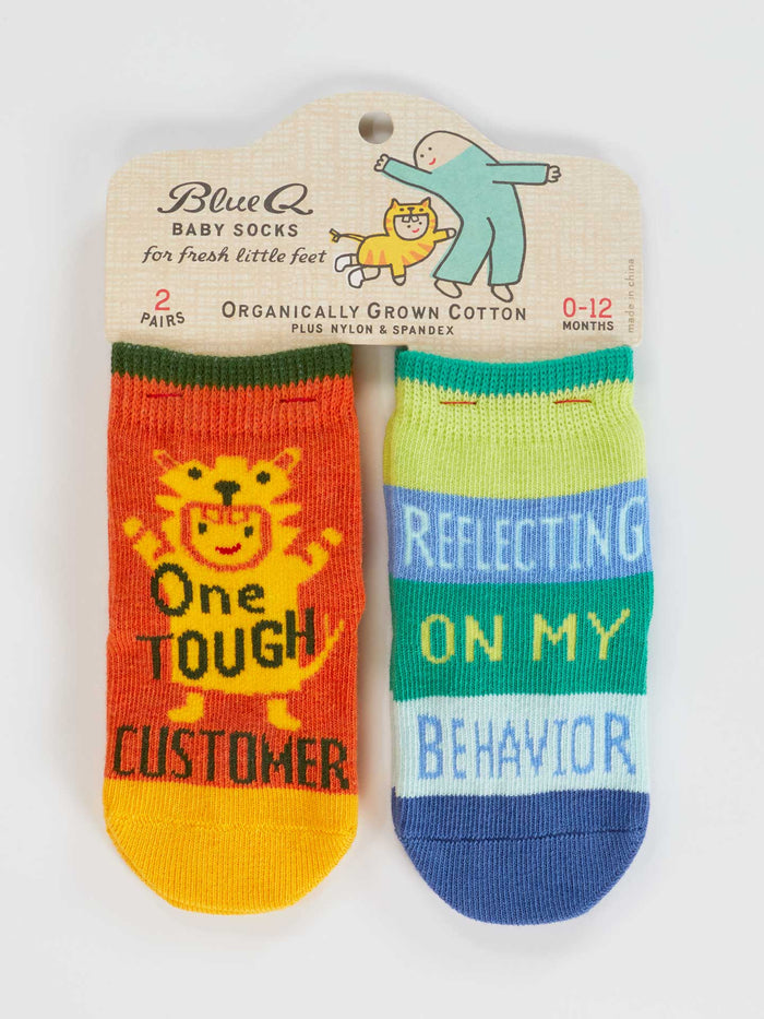 blue q One Tough Customer/ Reflecting On My Behavior Baby Socks