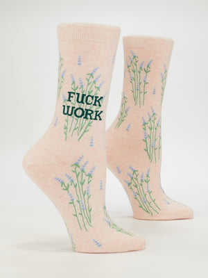 Blue Q Fuck Work Crew Socks: Women's pale pink cotton socks with green and blue floral patterns, featuring “FUCK WORK” in bold green letters on the side.