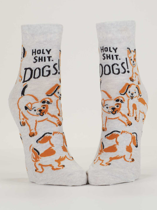 Blue Q Holy Shit. Dogs! Ankle Socks feature playful brown and white cartoon dogs and fun text—perfect for adding a quirky touch to any women’s collection.