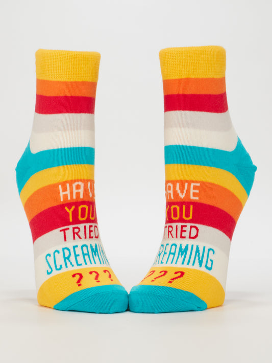 Blue Q’s “Have You Tried Screaming???” W-Ankle Socks feature colorful horizontal stripes in yellow, orange, red, teal, and white. Made of combed cotton to fit women’s shoe size 5-10.