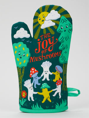 The Joy Of Mushrooms Oven Mitt by Blue Q is a super-insulated, 100% cotton green mitt featuring cheerful mushrooms, trees, a flower, and sun, with "The Joy of Mushrooms" text in bright, playful letters.