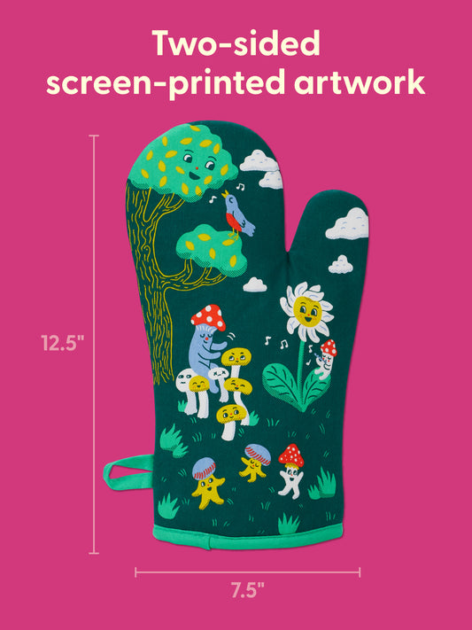 The Joy Of Mushrooms Oven Mitt by Blue Q features dark green 100% cotton, colorful screen-printed animals, flowers, mushrooms & musical notes. Super-insulated, two-sided; shown on pink. Size: 12.5 x 7.5 inches.