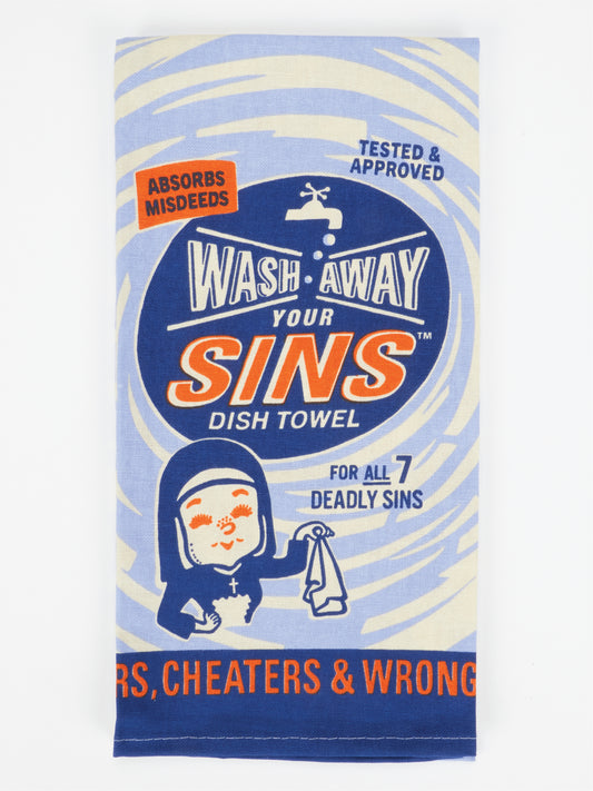 Add quirky charm to your kitchen with the Blue Q Wash Away Your Sins Dish Towel. This super-absorbent, unbleached cotton towel features retro-inspired art of a nun, paired with playful phrases like "Wash Away Your Sins," "Absorbs Misdedes," and "For All 7 Deadly Sins—Liars, Cheaters & Wrong." The bold blue, orange, and white design makes it both fun and functional.